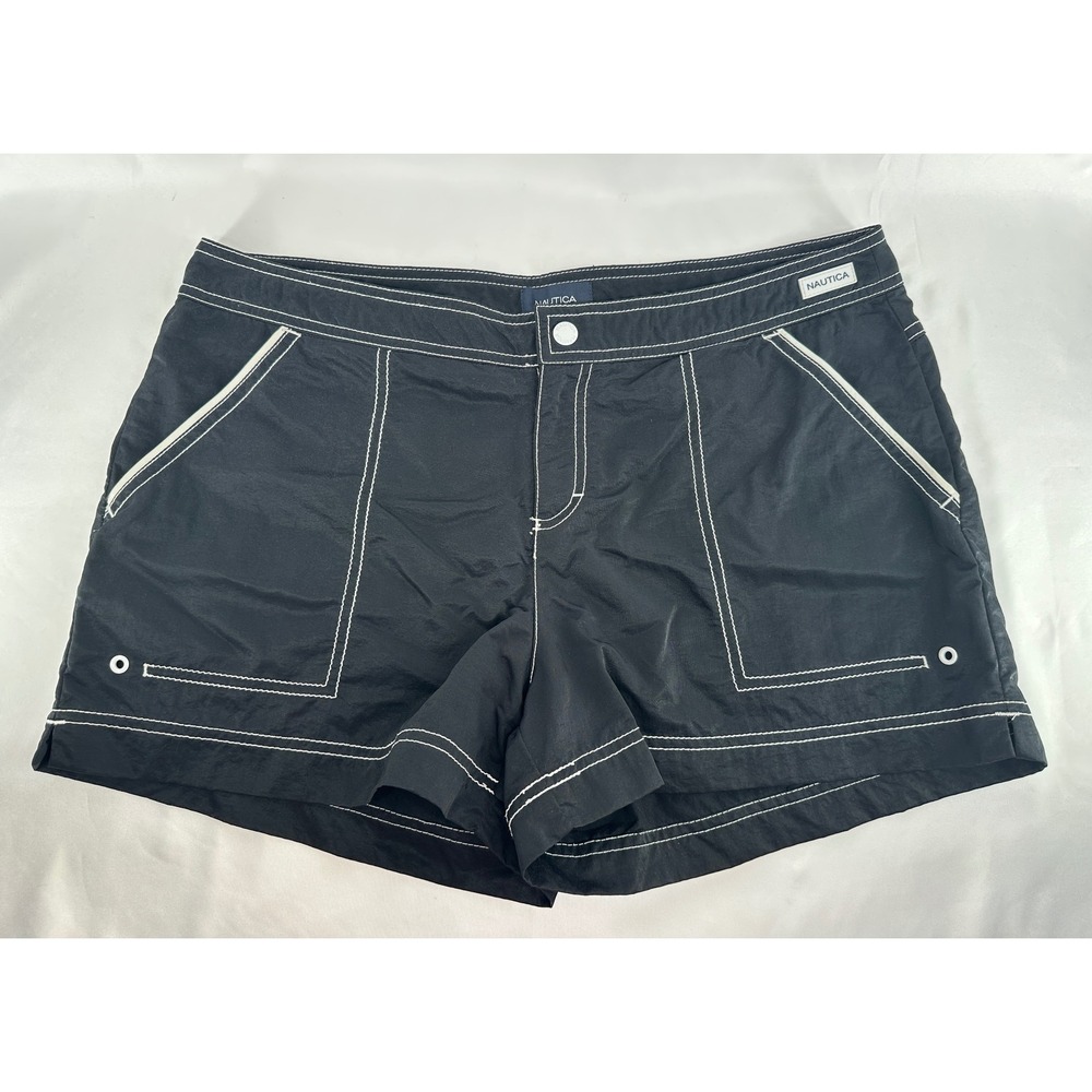 Nautica Board Shorts Womens Large Black Contrast Stitch Nylon Beach Swim Casual